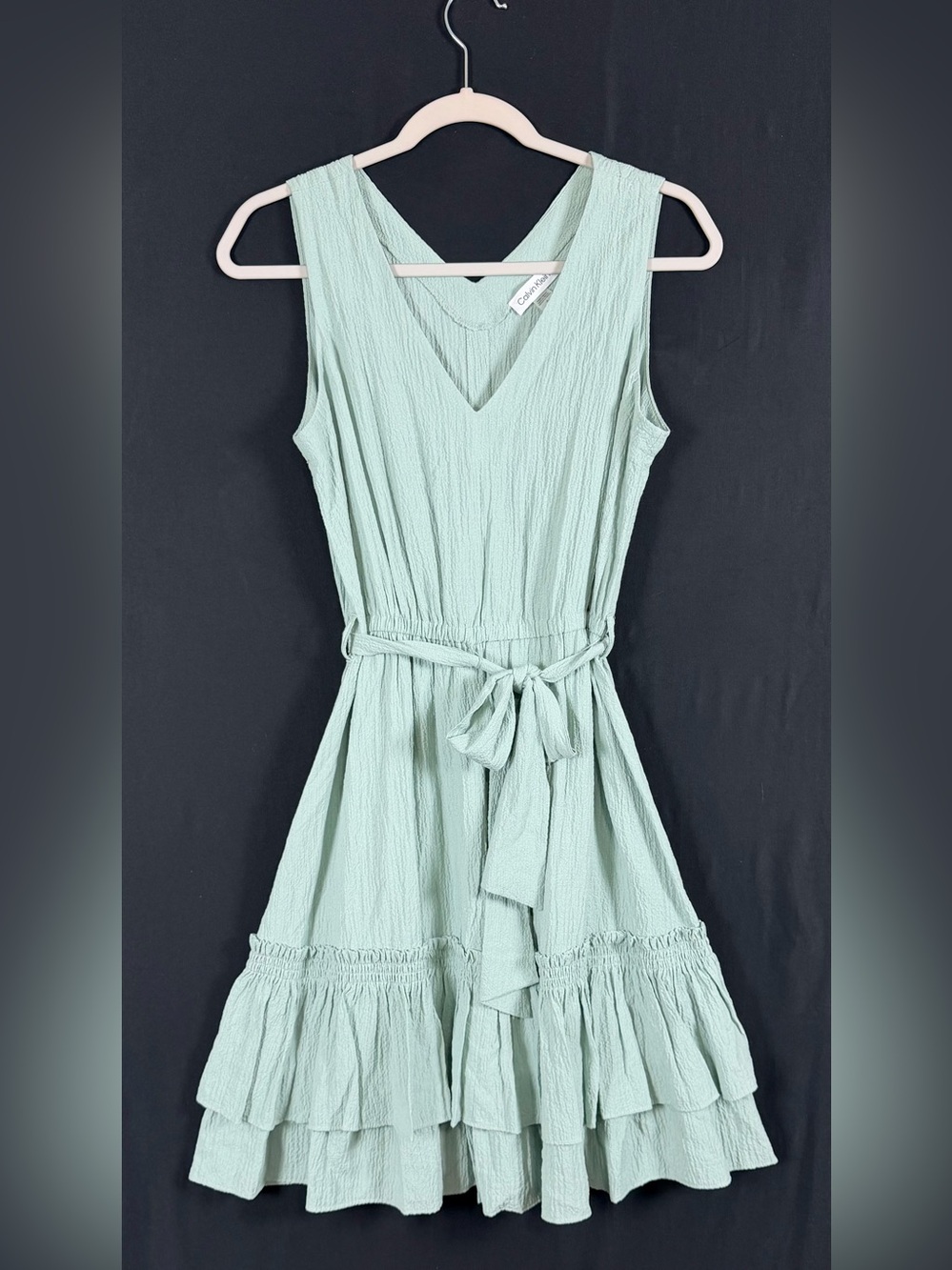 Calvin Klein Dress Women’s 6 Light Mint Green Sleeveless Tie-Waist Ruffle Tiered